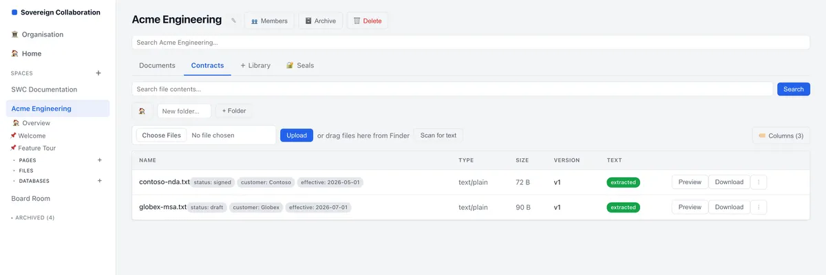A contracts library in SWCOLLAB with typed metadata columns on each file